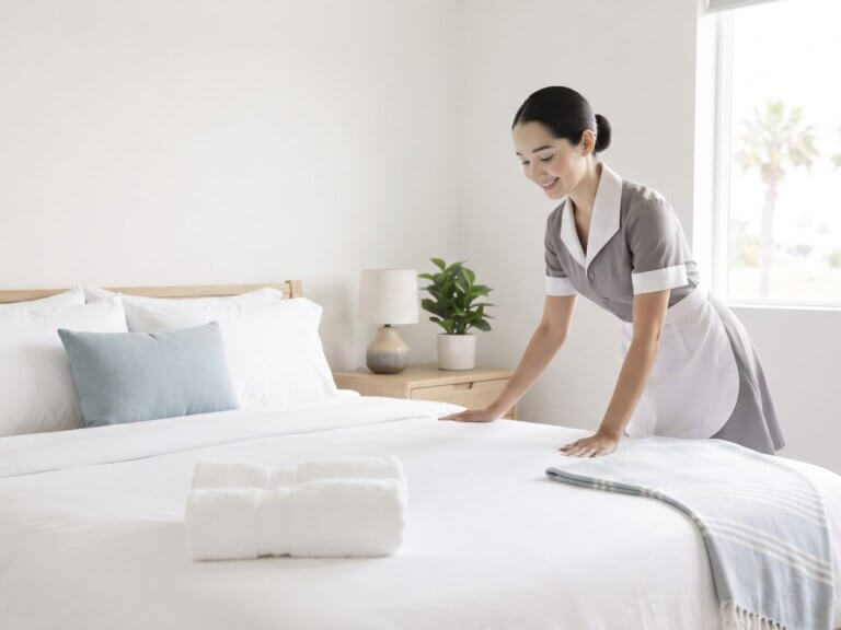 Clean Diego cleaner making a bed with fresh towels in a vacation rental