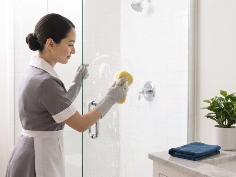 Clean Diego cleaner scrubbing a glass shower door