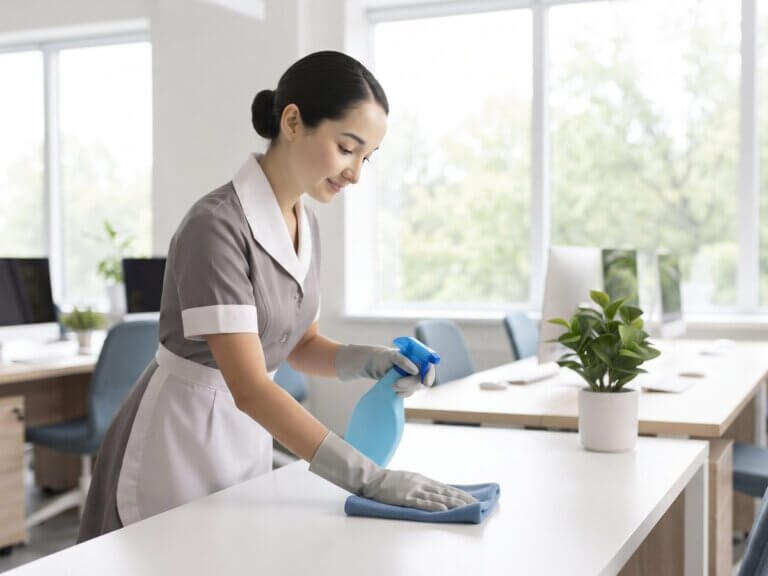 Clean Diego cleaner wiping a desk in a bright office