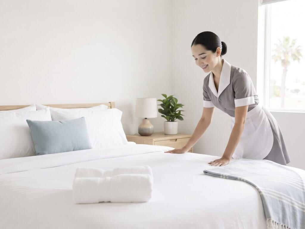 Clean Diego cleaner making a bed with fresh towels in a vacation rental