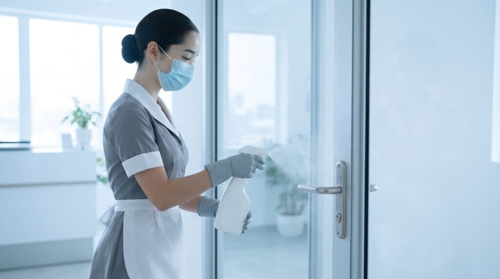 Clean Diego cleaner disinfecting a door handle