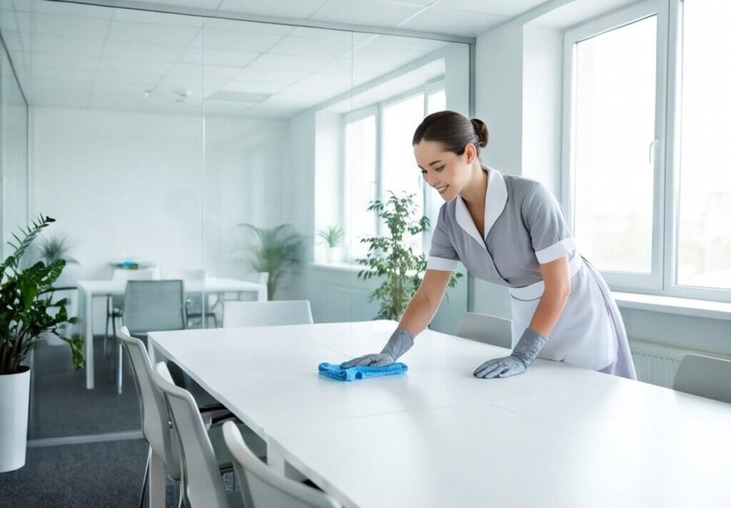 Clean Diego cleaner wiping a conference table in a bright office