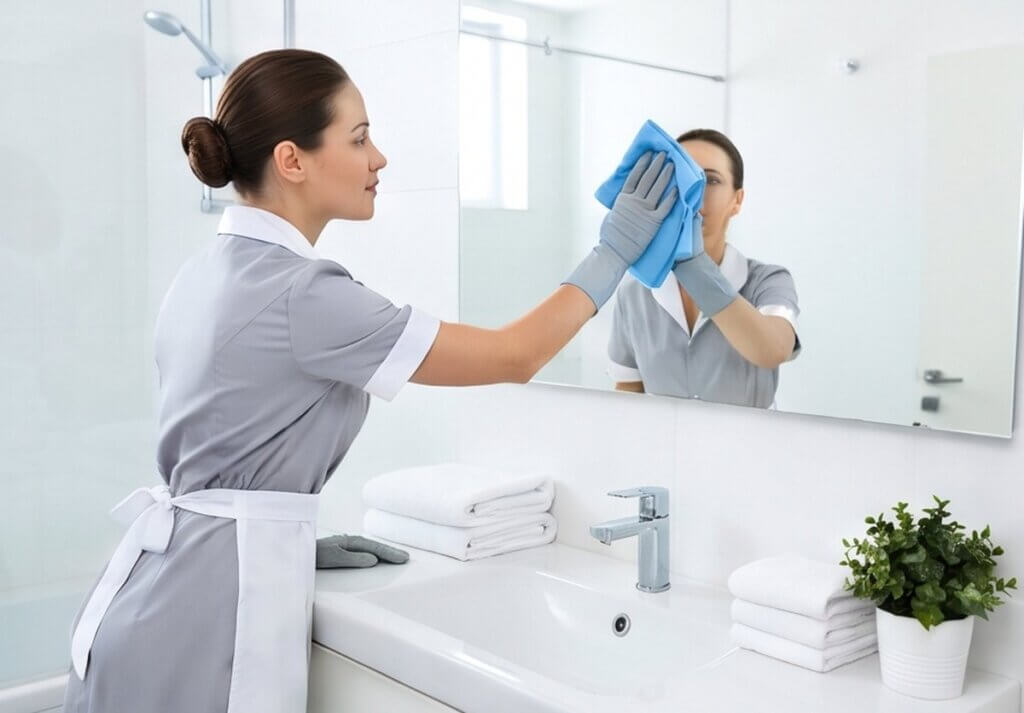 Clean Diego cleaner wiping a bathroom mirror in a San Diego home